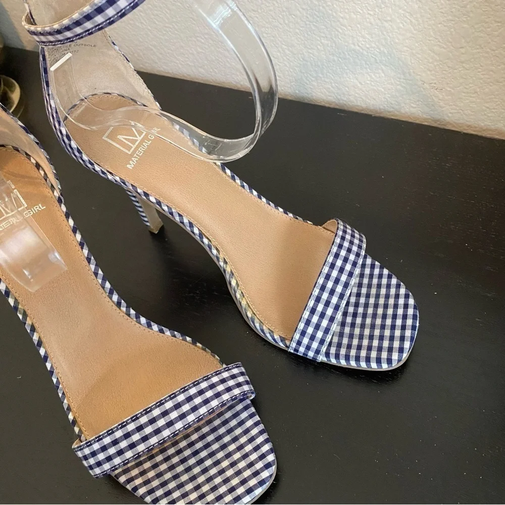 Material Girl Gingham Checkered Plaid Heels Size 9 Navy Blue White Coquette